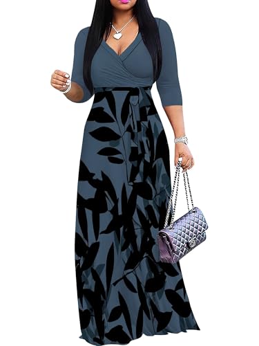 Image of Plus Size Maxi Dress for Women V Neck 3 /4 Sleeve Wrap Dress