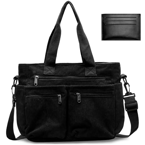 Hoseay Handtasche Damen Cord Umhängetasche Mittelgroß Tote Bag Damen Shopper Tasche mit Reißverschluss Crossbody Bag Frauen Schultertasche für Schule Arbeit Büro Reisen Einkaufen Alltag, Schwarz