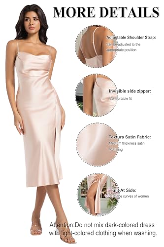 Image of Wedding Guest Dress for Women Spaghetti Strap Satin Slip Dresses | Slit Midi Dress, Cowl Neck, Cocktail, Formal, Evening Party