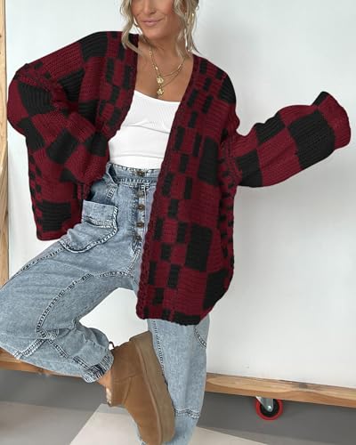 Image of BTFBM Casual Cardigan Sweater for Women Fall 2026 Long Sleeve Open Front Chunky Knit Sweaters Checkered Outwear Coat