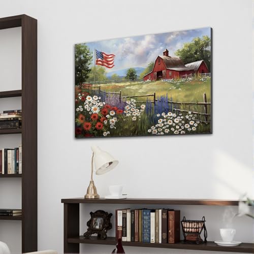 Image of Framed Rustic American Flag Red Barn Wall Art, Patriotic Farmhouse Canvas Art Pictures, USA Flag Wall Decor for Living Room Kitchen Entryway, Ready to Hang Made in USA