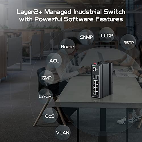 Image of Binardat 10 Port Gigabit L2+ Managed Industrial DIN-Rail Switch, 8 Gigabit Ethernet Ports, 2 Gigabit SFP, Vlan|Route|Ring|ACL|Qos Web /Console Managed