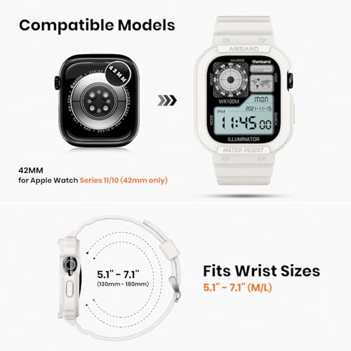 Image of amBand Rugged Case with Band for Apple Watch Series 11 10 42mm, Shockproof & Protective Sport Bumper Cover, Lightweight & Comfortable Strap for Men & Women, White
