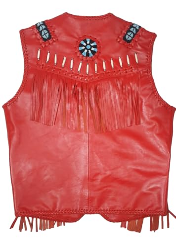 Image of Men's Western Cowhide Suede & Leather Vest - Beaded Fringe Yoke & Back Native-Inspired Cowboy Biker Vest