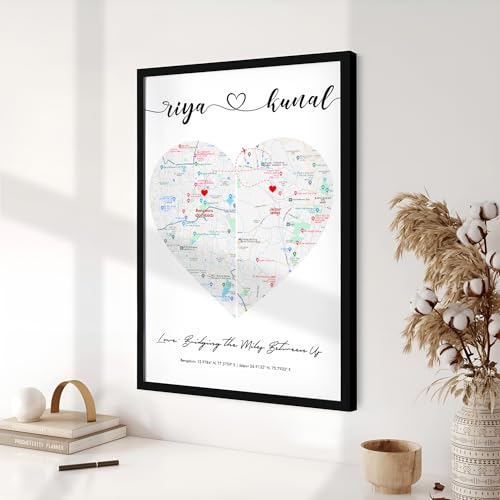 Image of Ritwika's Personalized Picture Frame With Long Distance Map - Customize With Your Name, Message And Place | For Couples and Friends | In Two Size 9.5 x 13.5 and 13.5 x 19.5 Inch, Set of 1