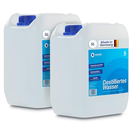 Bauer Blue Destilliertes Wasser Demineralisiert nach VDE 0510 & DIN57510 Ultra-Hochrein für Industrie und Haushalt Vollentsalzt und Entmineralisiert Made in Germany TÜV-Geprüft [2x5 Liter]