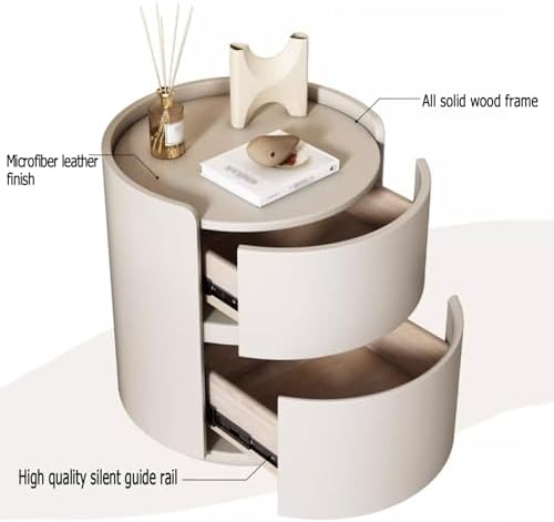 Modern Round Nightstand with 2 Solid Wood Drawers, Minimalist Bedroom Bedside Table, Leather Accent Side Table for Living Room, Dark Gray Finish (17.7" D x 17.7" W x 19.7" H)