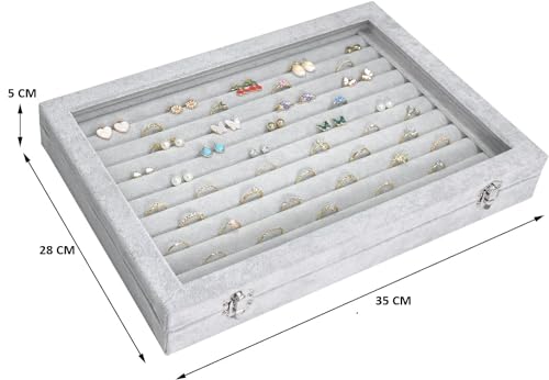 Image of KRISHYAM Rings /Earrings Organizer 10 Slots Velvet Drawer Jewelry Storage Box with Transparent Glass Lid Jewelry Display Case Store Showcase Box Gifts for Girls Women