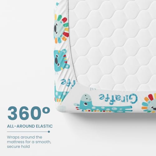 Image of LORETO - A QUALITY LINEN BRAND 144 TC 100% Pure Cotton Double /Queen Fitted Bedsheet with 2 Pillow Covers for 72 x 60 Inch Mattress, All-Around Elastic, 8 Inch Deep Pocket, Aqua & Rainbow Animal Parade