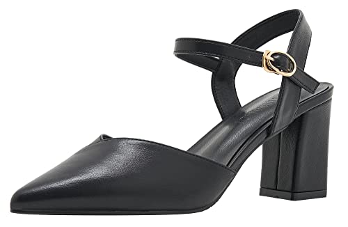 LizFoYa Women Pointed Toe Cutout Dressy Block Heels Leather Ankle Strap Formal Party Chunky High Heels