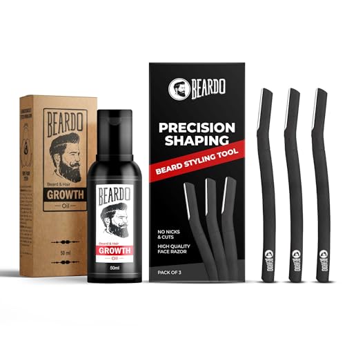 Image of Beard Beard and Hair Growth Oil 50ml & Styling Tool Combo| Faster beard growth and thicker looking beard | Beard Styling Razor for Men | Reusable Razor | Sharp, Safe & Precise Shaping Razor for Men - Set of 2