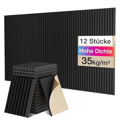 Sonic Acoustics 12 Stücke Selbstklebend Schallabsorber, Dichte 35 kg/m³, 2,5x20x30cm, 3D Hochdichte Akustikschaumstoff, Hall-Echo-Fliesen reduzieren, für Wand, Tonstudio, Aufnahmestudios, Büro