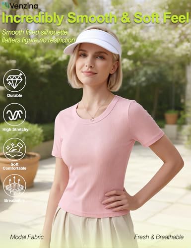 Image of Venzina Women's Double-Faced Modal T-Shirt - 60S Cooling Smooth Short Sleeve Tops, Slim Fit Breathable Moisture Wicking Tee for Yoga, Work & Casual Wear