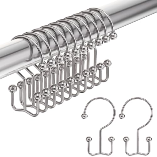 Image of Amazer Shower Curtain Hooks Rings, Double Shower Curtain Hooks Rust Proof Stainless Steel Shower Curain Hangers 12Pcs, Polished Nickel Shower Hooks for Bathroom Shower Curtain Rod