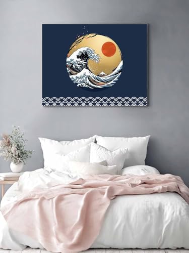 Vandaluuki アートパネル 和風 桜 富士山 花 波紋 紅日 紺色バック アートボード ポスター 60x50cm 壁掛け 壁画 壁飾り 部屋飾り 飾り絵 絵画 インテリア ソファの背景画 完成品 モダン 現代 玄関 部屋 リビングルーム ギフト