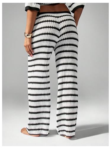MakeMeChic Women's Fall Striped Pants Crochet Tie Front Elastic Waist Wide Leg Lounge Pants Knit Sweatpants2