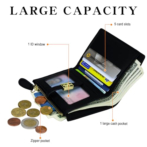 Cute Black Small Wallets Coin Purse Minimalist Flower Design Women's Travel Wallets Leather Credit Card Holder with ID Window Kawaii Cash Wallet for Women2