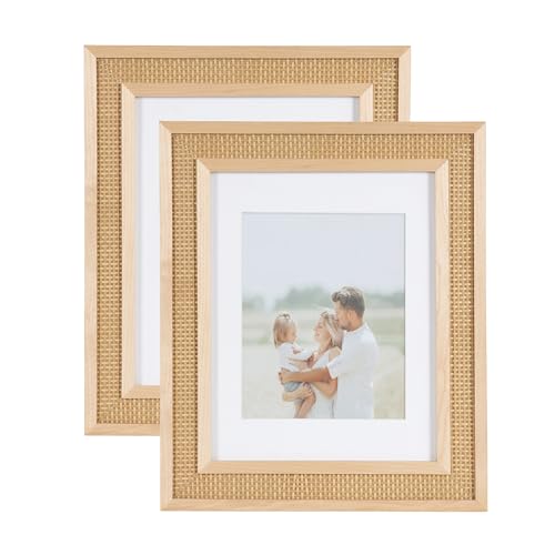Kate and Laurel Corah Modern Faux Rattan Picture Frame Set of 2 11 x 14 matted to 8 x 10 Natural Boho Two-Piece Glass Photo Frame Set for Gallery Wall Design in Living Room Wall Decor