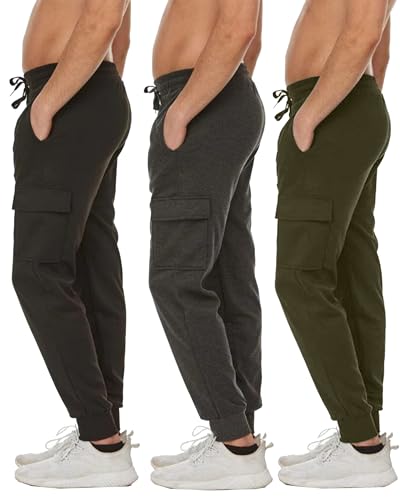 3-Pack Men's Slim Fit Fleece Jogger Sweatpants with Velcro Cargo Pockets for Workout(S-2XL)