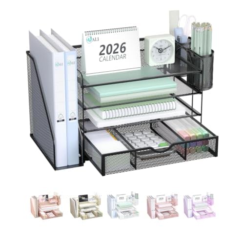 WALI Desk File Organizer, 4 Tier Desktop Paper Letter Tray Organizer with Drawer and 2 Pen Holders, Office Desk Accessories & Workspace Organizers for Office, Home Supplies(DO005DH-B), 1 Pack, Black