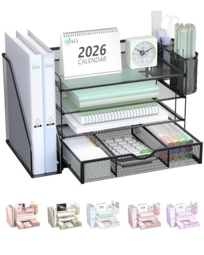 Image of WALI Desk File Organizer, 4 Tier Desktop Paper Letter Tray Organizer with Drawer and 2 Pen Holders, Office Desk Accessories & Workspace Organizers for Office, Home Supplies(DO005DH-B), 1 Pack, Black