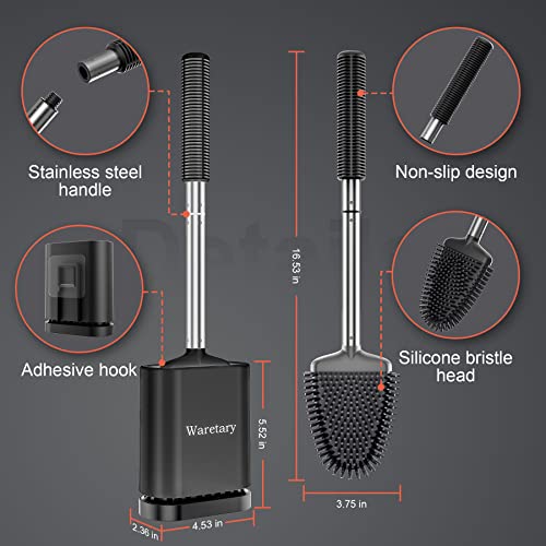 Waretary Toilet Brush And Holder Set, Under-Rim Brush Head With Silicone Bristles, Ventilated Quick-Drying Wall-Mounted/Free Standing Base, For Bathroom, Black #TOP6