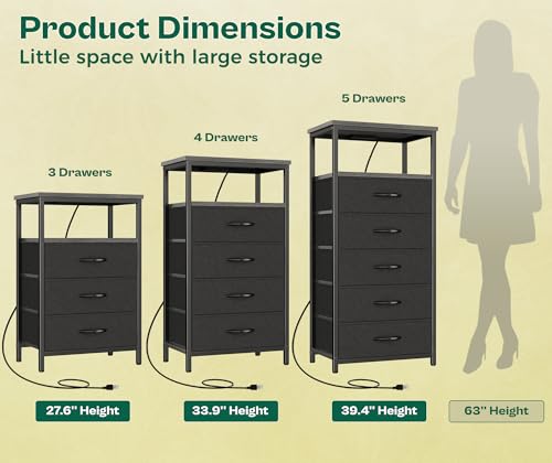 Image of Huuger Night Stand with Charging Station, 4 Drawer Dresser for Bedroom, Bedside Table, 33.5 Inch Tall Nightstand with Open Shelf, End Table, for Closet, Entryway, Bedroooom, Gray