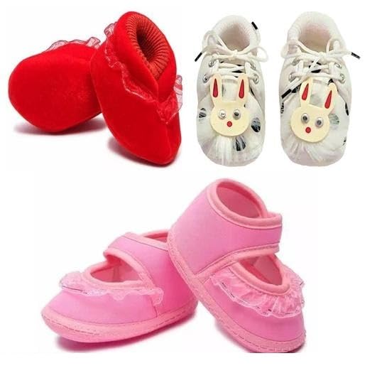 Baby Girl First Walking Shoes Set of 3 Soft Cotton Booties Slip On Design Lightweight Infant Foot White-Red-Pink 3-6 Months-image-47