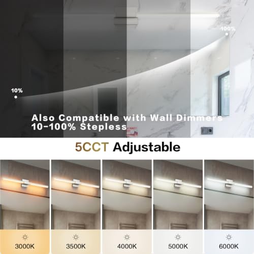 Image of SOLFART Bathroom Vanity Light 48-Inch: Brushed Nickel 5CCT Dimmable Bathroom Light Fixtures, Solid Frosted Acrylic, Built-in Dimmer, CRI88 Soft Light, ETL IP44