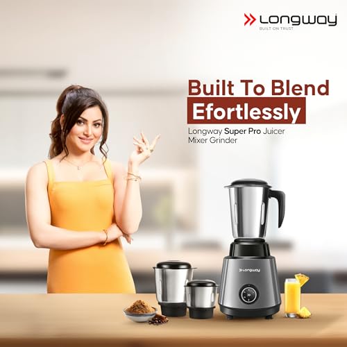 Image of Longway Super Pro Mixer Grinder with Kwid 1100W Dry Iron | 500 W Powerful Motor | 3 Jars for Grinding, Mixing, Juicing | 2 Years Warranty (Silver & Black, Combo Offer)