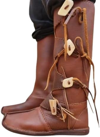 Viking Leather Boots with Bone Toggles – Medieval Knee-High Norse Warrior Footwear Costume Shoes for Reenactment Boots