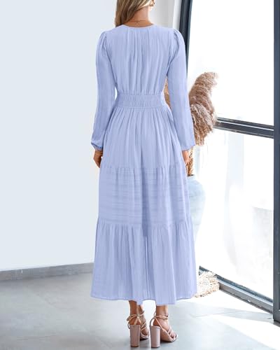 BTFBM Fall Dresses for Women 2025 Casual Long Sleeve V Neck Elastic Waist Lightweight Maxi Wedding Guest Dress Pockets