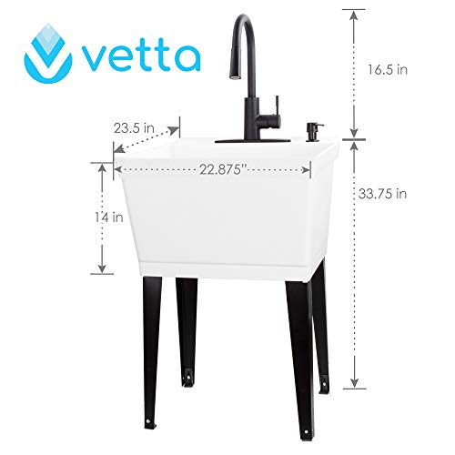VETTA White Utility Sink Laundry Tub With High Arc Black Kitchen Faucet By VETTA - Pull Down Sprayer Spout, Heavy Duty Slop Sinks For Washing Room, Basement, Garage, or Shop, Free Standing Tubs - Thumbnail 3