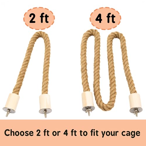 Image of Bird Rope Perch for Parrots, Bendable Natural Jute Boing with Pine Wood and Stainless Steel Mount, Cotton Alternative, Cage Accessory for Parrots (Brown, 2 feet)
