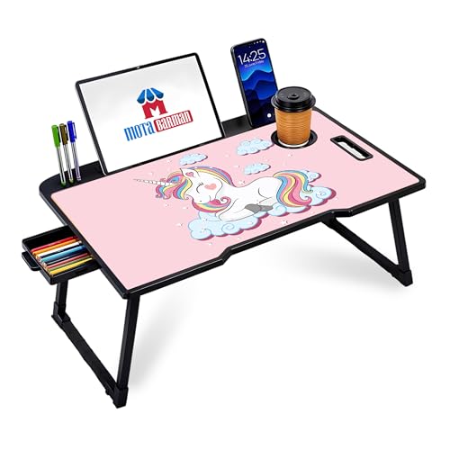 Image of Foldable Wooden Laptop Bed Tray Table, Multifunction Lap Tablet Desk with Cup Holder, for Eating Breakfast, Reading Book, Working, Watching Movie on Bed (Unicorn)