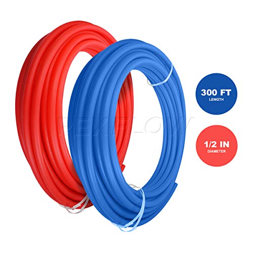 Pexflow PXKT30012 Pex Starter Kit - Crimper & Cutter Tools, 1/2-In Brass Elbow & Coupling Fittings, 1/2-In Stainless Steel Cinch Clamp, 1/2-In Half Clamp, 1/2-In X 300ft PEX Tubing (1 Red + 1 Blue)