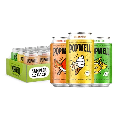 Image of Popwell Caffeinated Variety Pack Better-For-You Prebiotic Soda, with 6g Fiber, 1g Sugar, Vitamins and Immunity Support, 12 fl oz, 12 count (Orange Cream, Lemon Lime, Cream Soda)