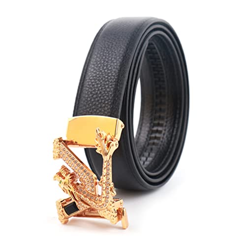 Men's Black Leather Ratchet Belt - Sliding Buckle With Rhinestone Animal Design, Adjustable Trim Fit
