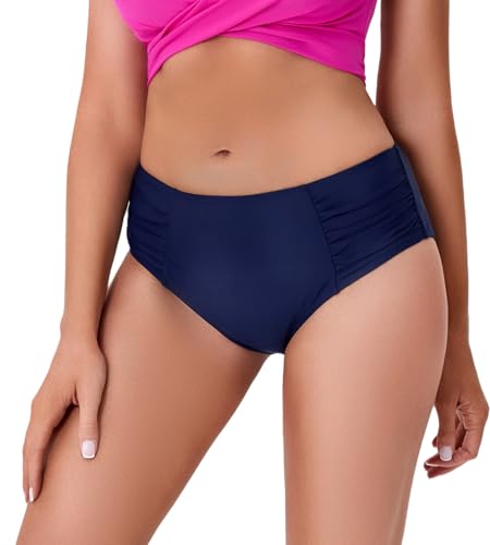 Image of COCOPEAR Full Coverage Bikini Bottoms for Women Mid Rise Bathing Suit Bottoms for Women Ruched Tummy Control Swim Bottoms
