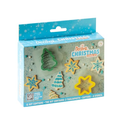 Decora, 0255232 - Conjunto decorativo de Natal, 2 moldes de abeto e estrela + 4 modelos decorativos, ideal para criar bolachas decoradas tridimensionais, fabricado na Itália, pacote de 6