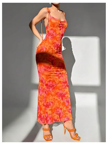 Image of GORGLITTER Women's Floral Birthday Wedding Guest Dress Mesh Ruched Derby Party Bridal Shower Summer Beach Sun Dresses Orange Small