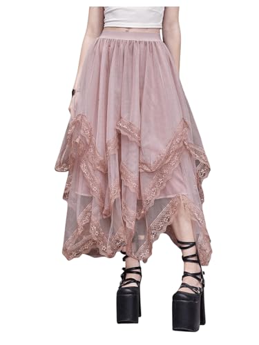 SHENHE Women's Lace Trim Layered Mesh Tulle Skirt High Waist Asymmetrical Long Goth Skirt Dusty Pink S