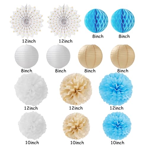 Light-Blue Boho Champagne-Gold Party-Decorations Streamers - 14pcs Boy Birthday Baby Shower Paper Honeycomb Lanterns Fan,Tissue Pom Poms,Bachelorette Bridal Wedding Dusty White Decor Lasting Surprise