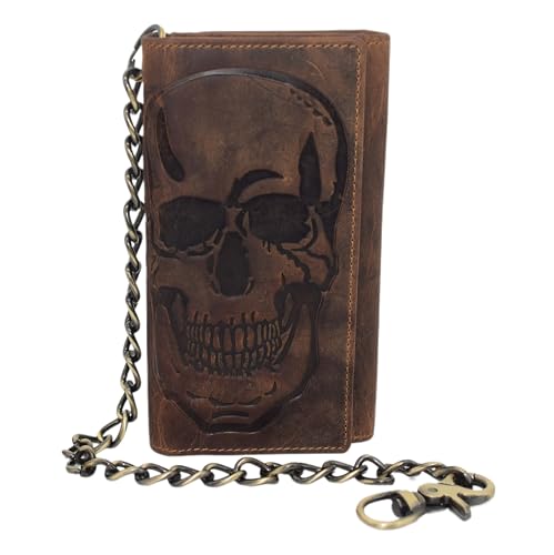 Biker Skull Chain Wallet RFID Signal Blocking Men's Vintage Leather Long Tri-fold Chain Checkbook Card ID Wallet (Skull Brown)