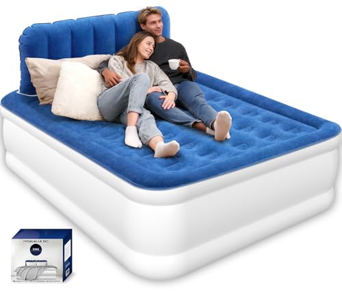 Queen Air Mattress with Headboard Built-in Pump 19 Raised Comfort Design 800 lbs Max 48-Hour Leak-Tested PVC 3.5 Min Fast Inflation & Headboard Durable Air Bed for Home Guests Bed Travel