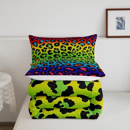Image of Girls Colorful Cheetah Printed Comforter Set - Full Size Women's Down Alternative Comforter for All Season - Rainbow Leopard Print Quilt Set