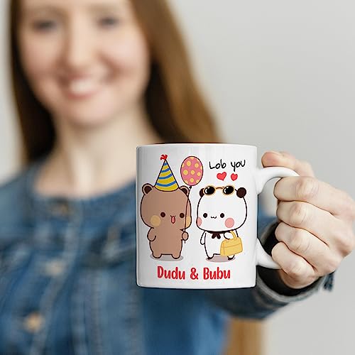 Image of Bubu Dudu Love Gift for Birthday /Anniversary Sipper Water Bottle 750 ML Aluminium with 320 ML Coffee Mug, Wooden Keychain Combo Pack MSK-V (Design-8)