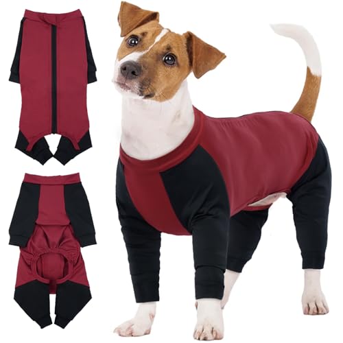 IECOii Dog Pajamas - Soft Small Sized Puppy Clothes for Boys and Girls, Stretchable 4 Legs Long Sleeve Shirts, Full Bodysuit Pjs for Shedding - Red, Size S