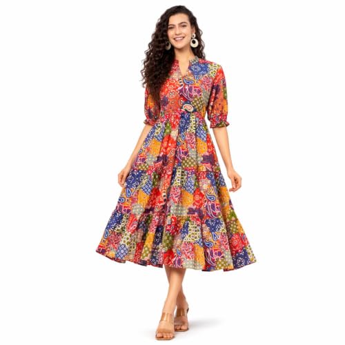 Image of PIDAVLIYA'S Women Cotton Printed Midi Dress with V Neck & Puff Sleeves | Flared A-Line Casual Summer Dress | Stylish Knee Length One Piece for Daily