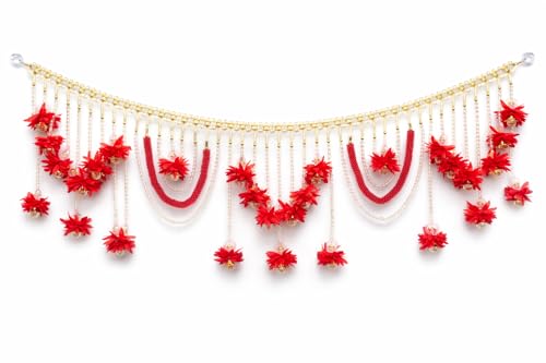 Image of Luxury Red Floral Pearl Toran 3 Feet | Handcrafted Traditional Bandhanwar for Door & Mandir | Festive Indian Home Decoration